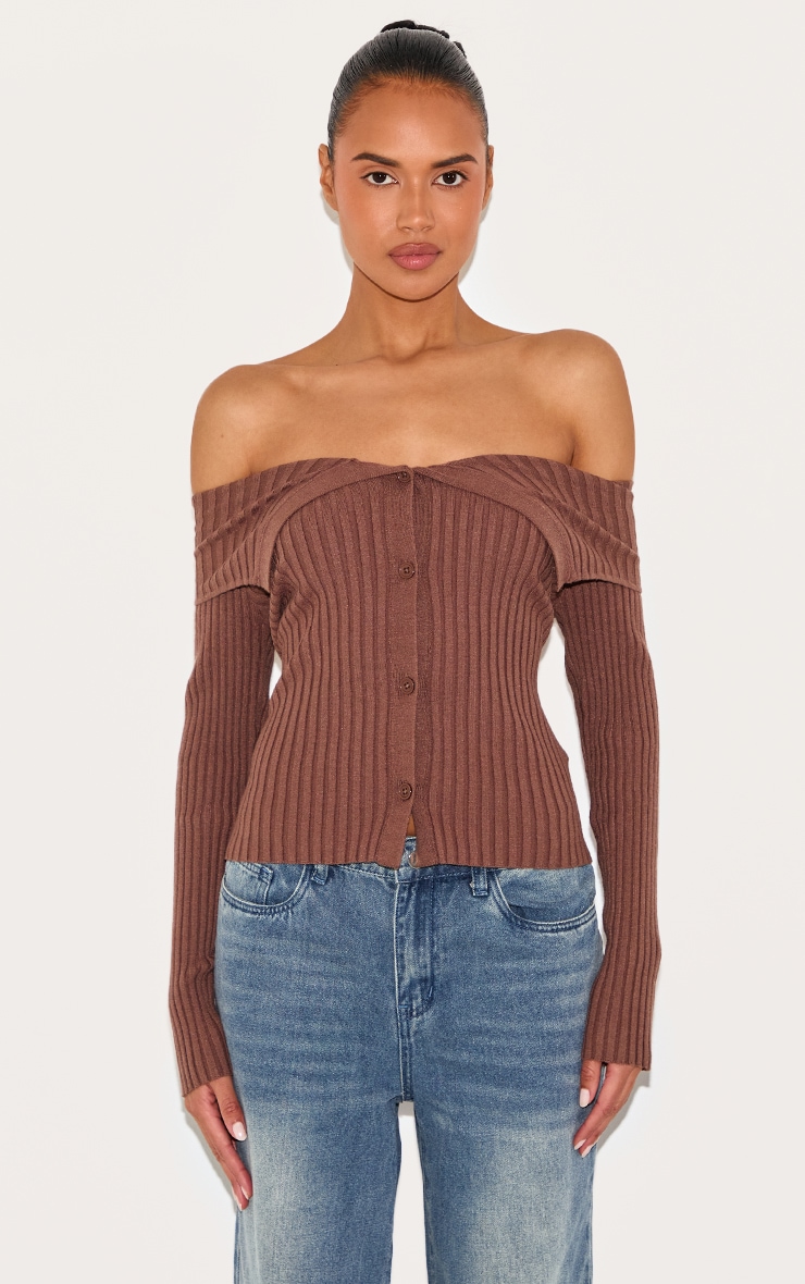 Ash Brown Rib Knit Fold Over Button Up Top