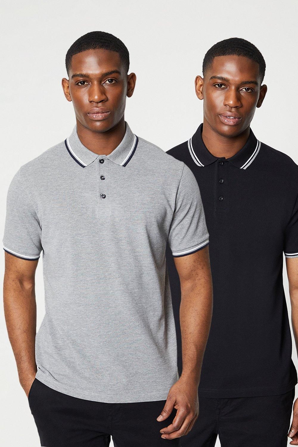 2 Pk Pure Cotton Tipped Polo Shirts Black/Grey