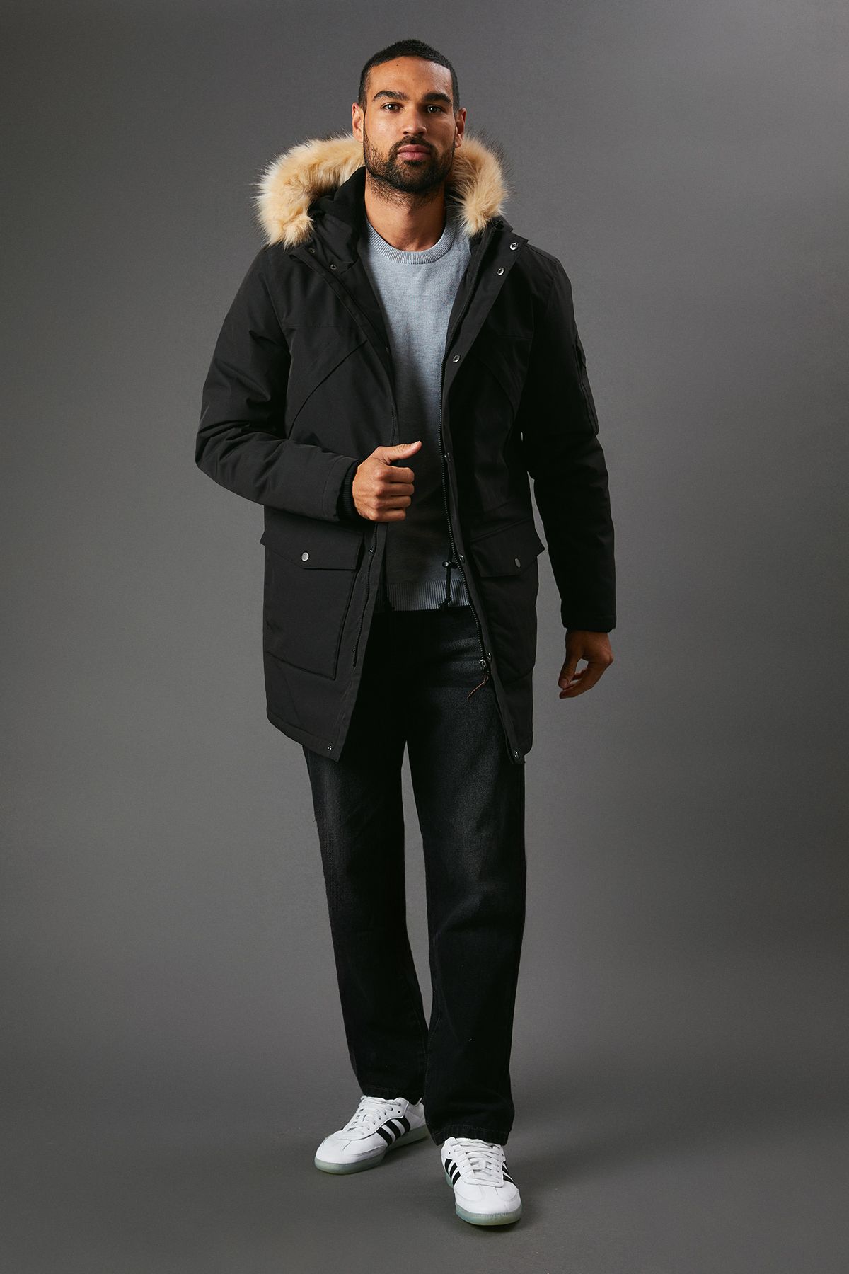 Black Four Pocket Hooded Parka