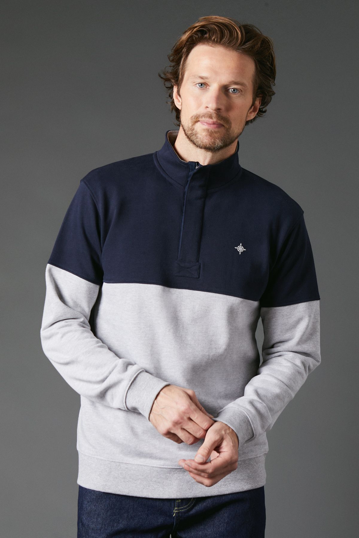 Grey Premium Pure Cotton Colour block Funnel Neck Sweat