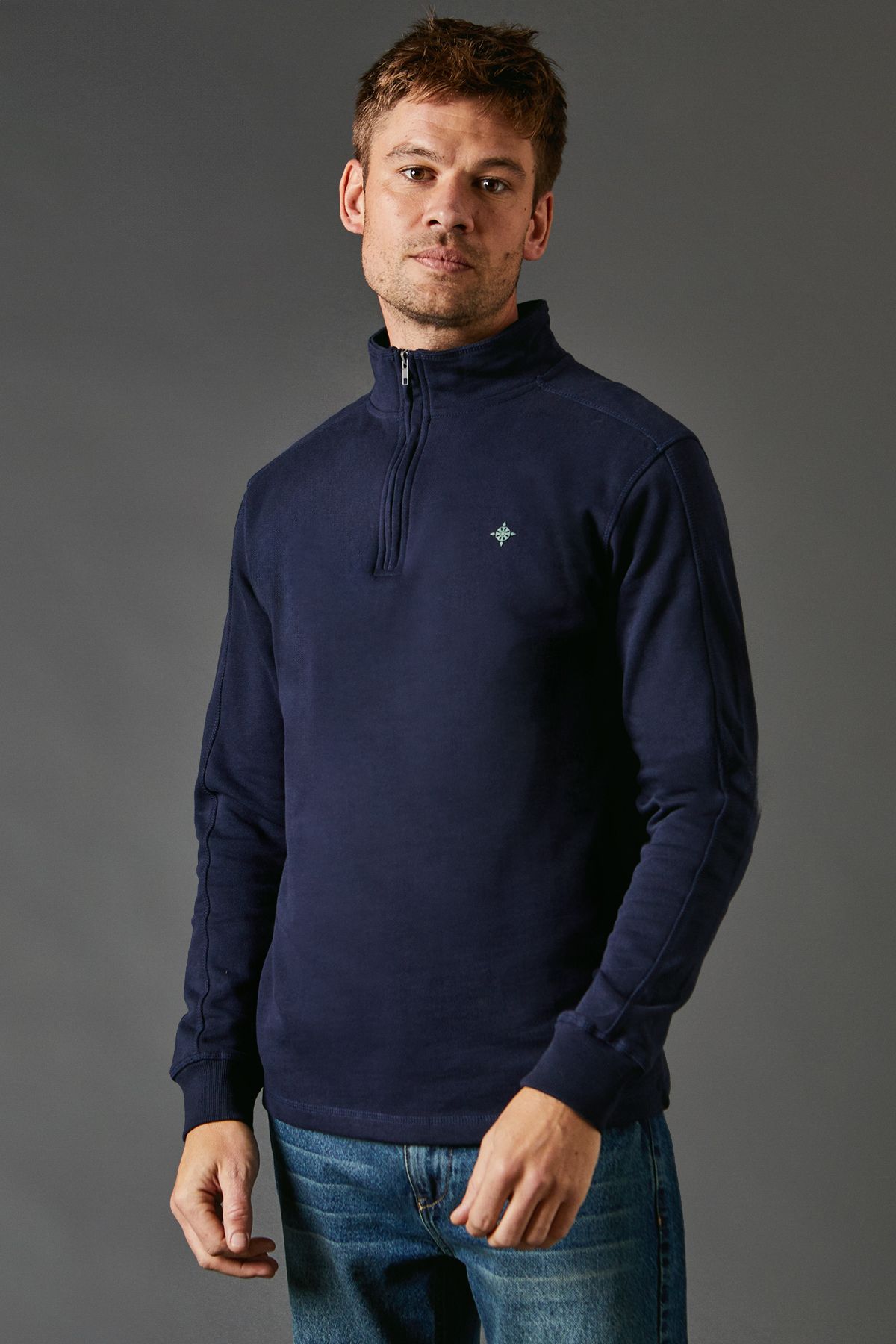 Navy Premium Pure Cotton Funnel Neck Half Zip Sweat