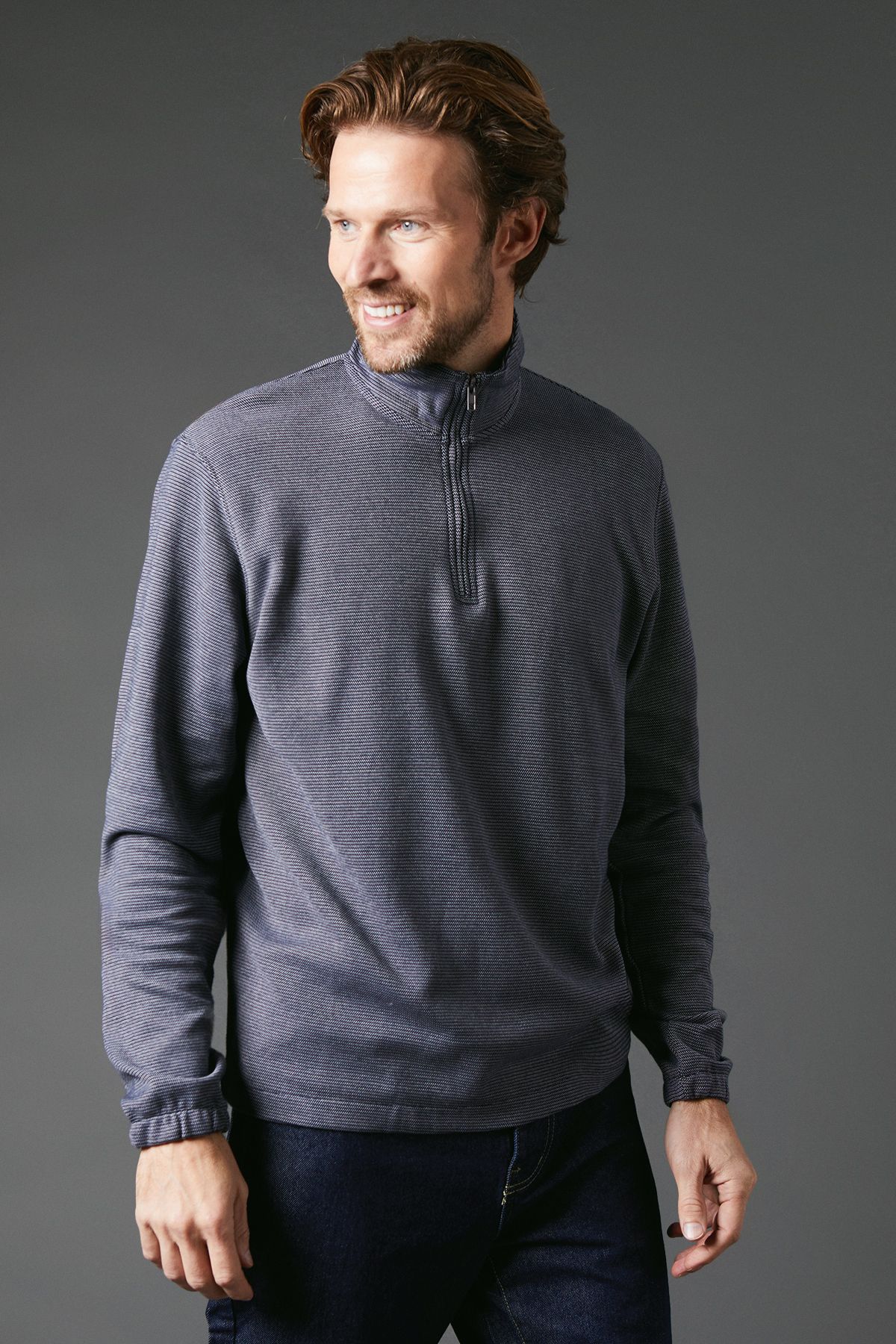 Navy Birdseye Funnel Neck Half Zip Sweat