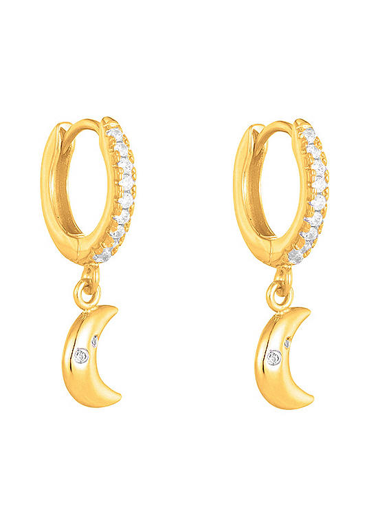 For You Collection 18ct Gold Plated Sterling Silver CZ Huggies With Moon Charms