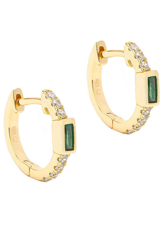 For You Collection 18ct Gold Plated Sterling Silver Emerald Green CZ Huggies