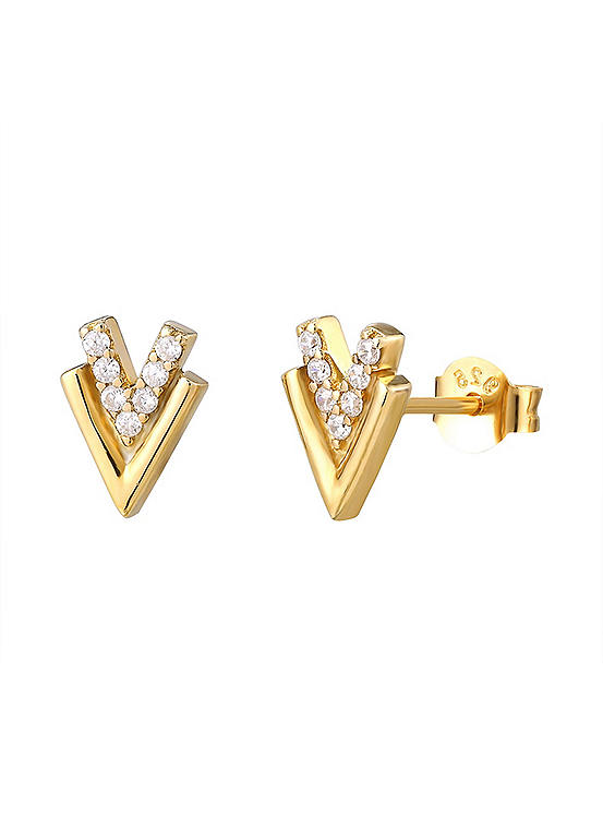 For You Collection 18ct Gold Plated Sterling Silver Geometric Double ’V’ CZ Stud Earrings