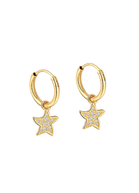 For You Collection 18Ct Gold Plated White Cubic Zirconia Star Charm Huggie Hoop Earrings