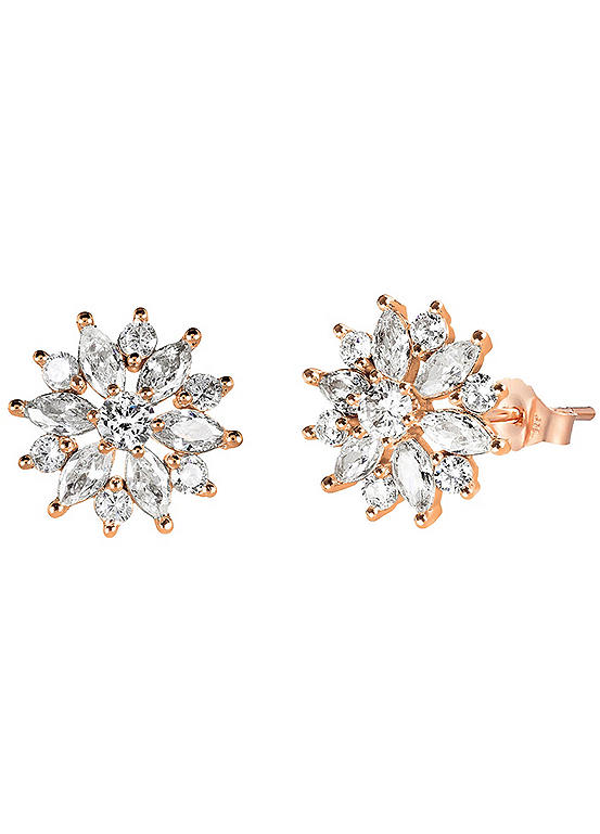 For You Collection 18ct Rose Gold Plated Sterling Silver Floral CZ Stud Earrings