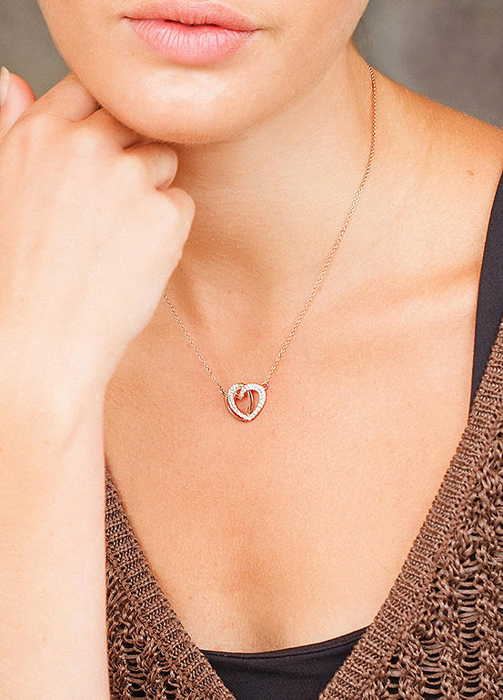 For You Collection Sterling Silver Rose Gold Plated Entwined Heart Cubic Zirconia Necklace