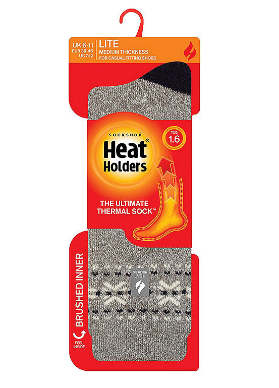 Heat Holders Men’s 1 Pair Lite Mid Grey Fair Isle Socks - Matterhorn