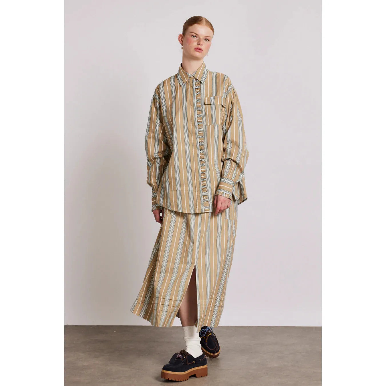 Damson Madder Kylie Ruffle Shirt - Tan Stripe