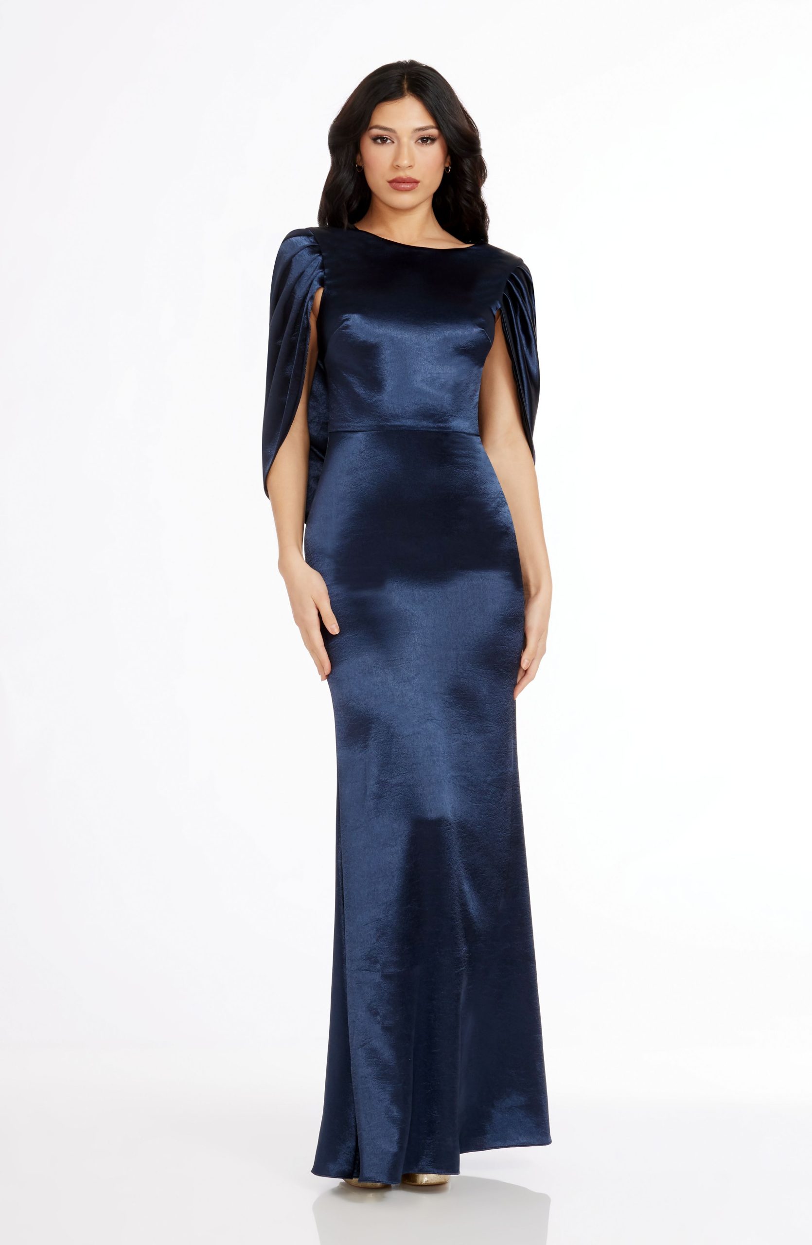 Adina Drape Sleeve Low Back Mermaid Gown Plain