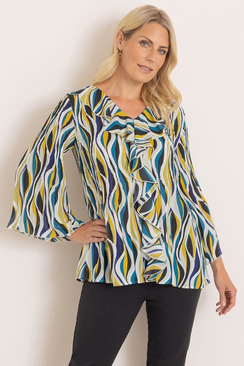 Abstract Print Pleated Ruffle Top