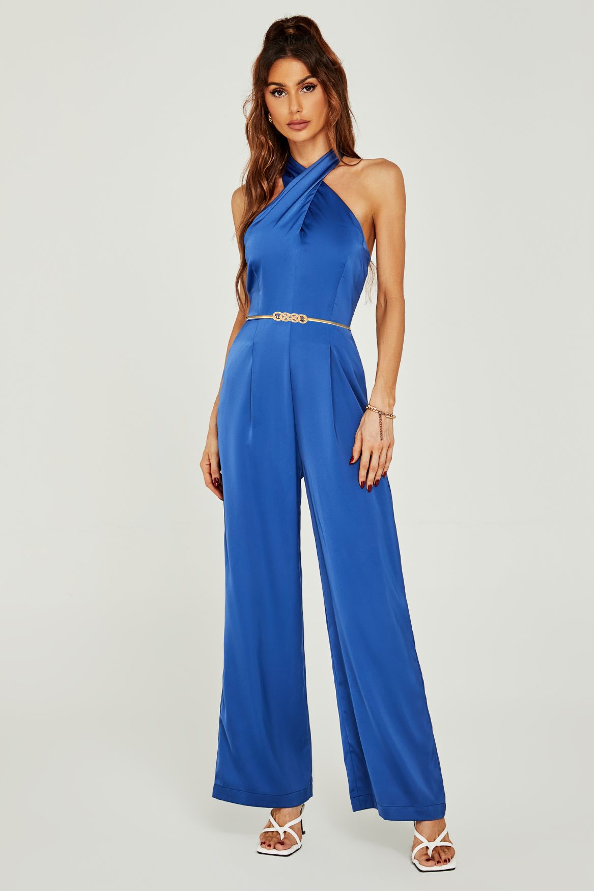 Satin Halter Neck Back Detail Jumpsuit In Blue