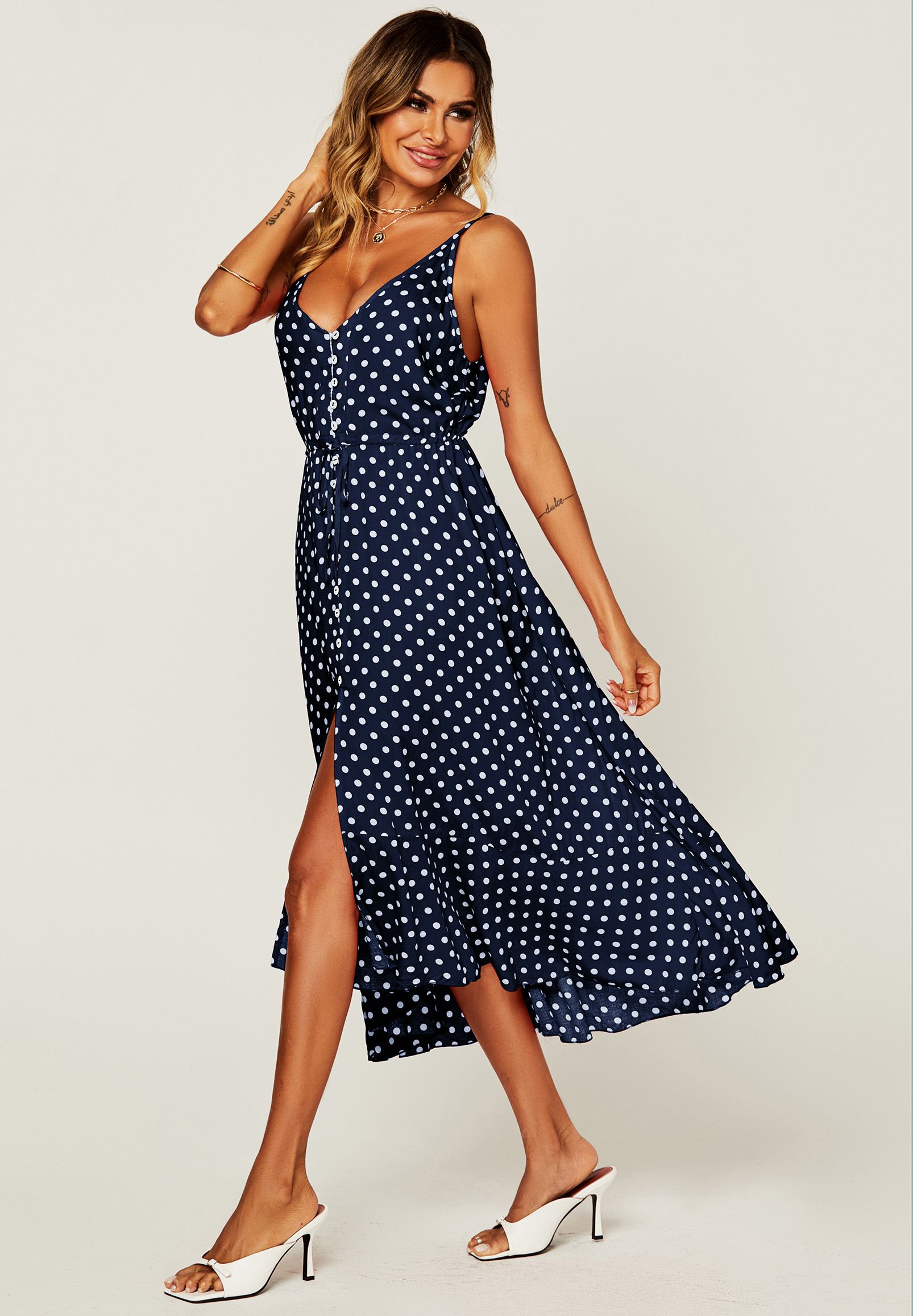 Button Down High Low Strappy Dress In Navy & White Polka Dot