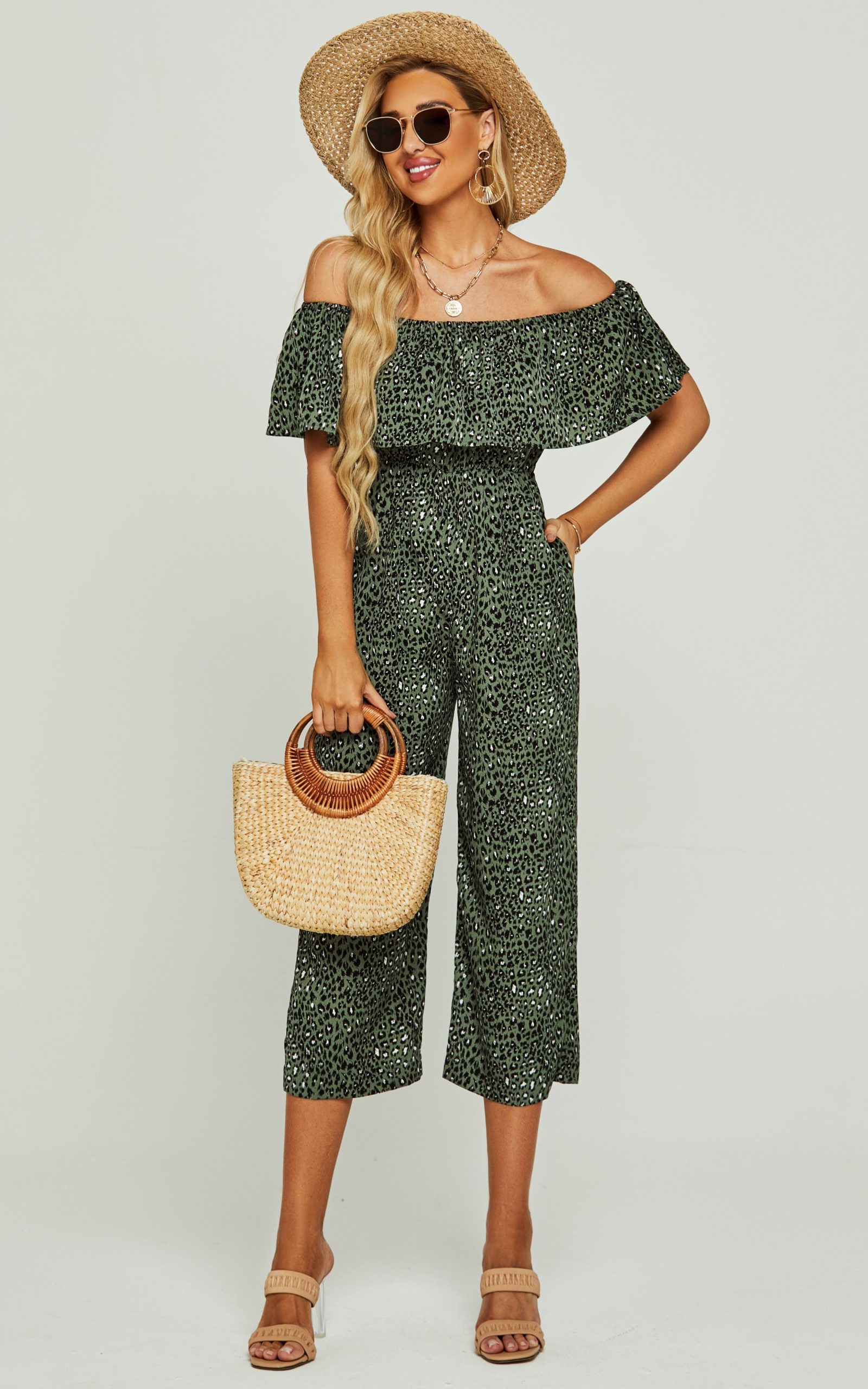 Leopard Print Bardot Ruffles Hem Jumpsuit In Khaki Green