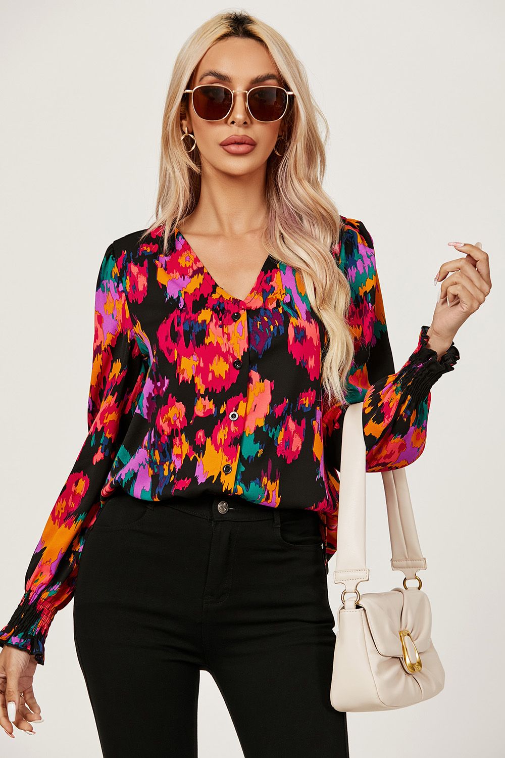 Button Through V Neck Long Sleeve Blouse Top