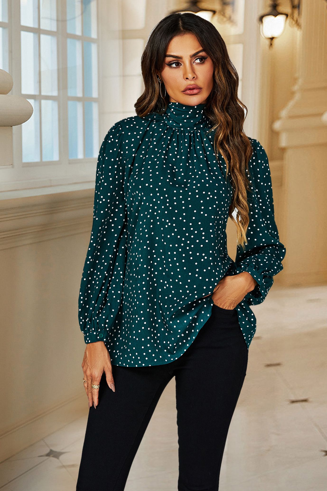 Polka Dot Print Long Sleeve Back Tie Blouse Top In Green