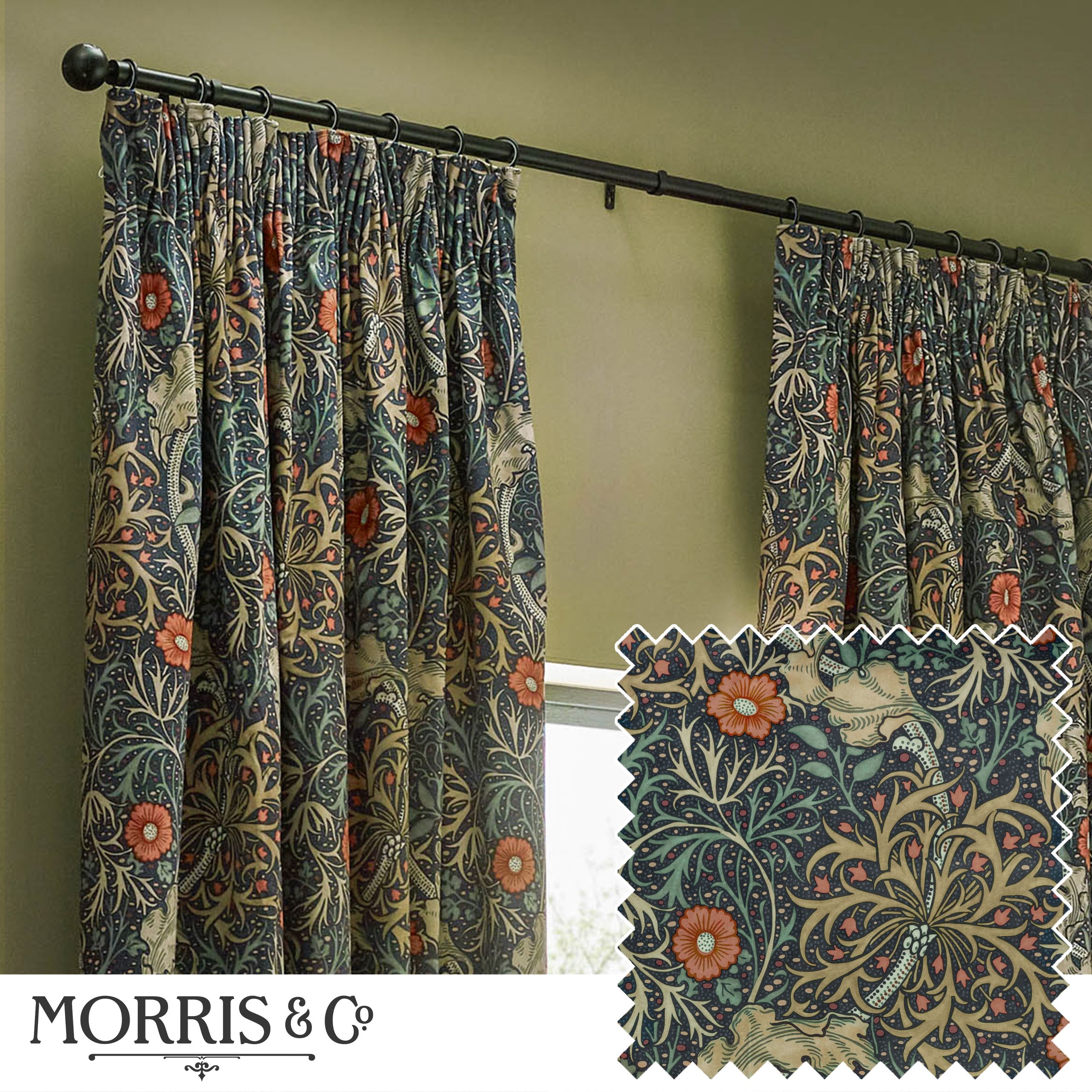 Seaweed Printed Velvet Room Darkening Pencil Pleat Curtains