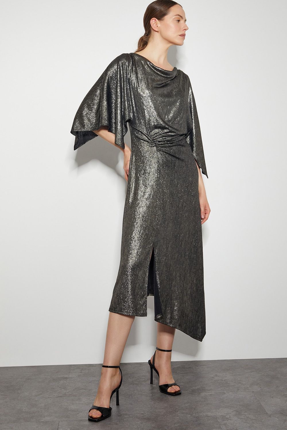 Mila Drape Metallic Jersey Midi Dress Gold