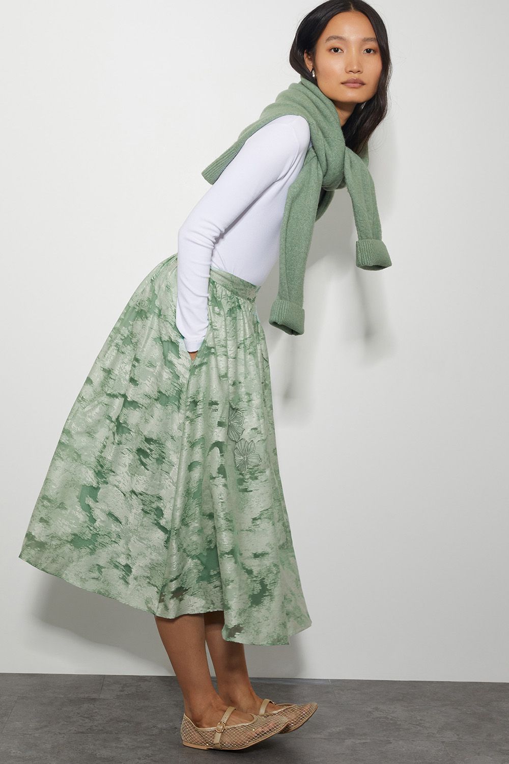 Josie Floral Jacquard Midi Skirt Green