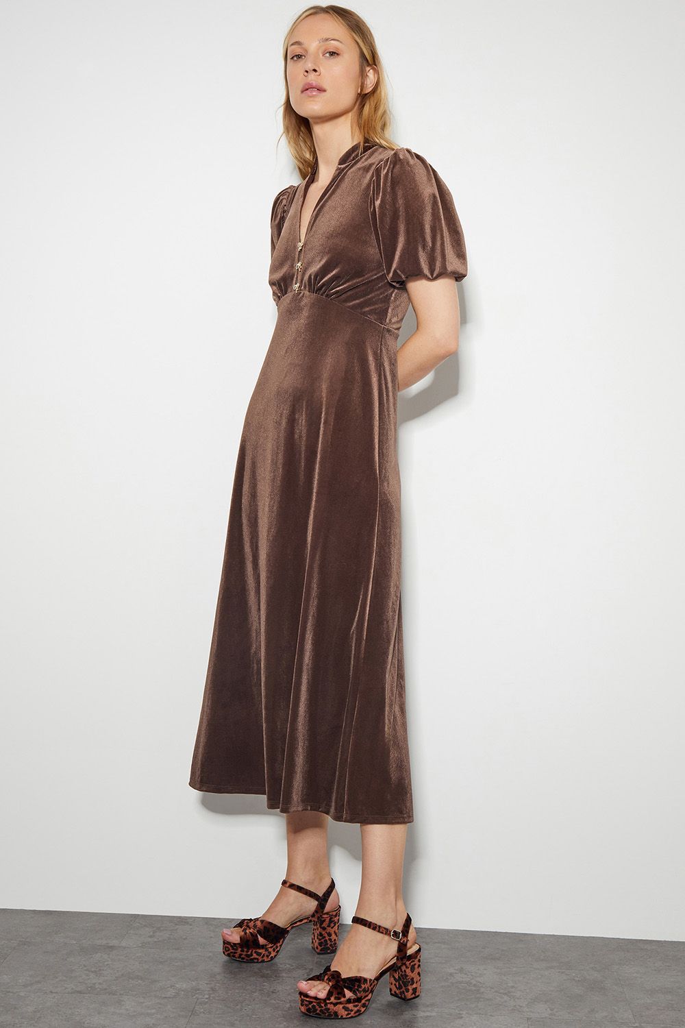 Veronique Velvet Bow Midi Dress Brown