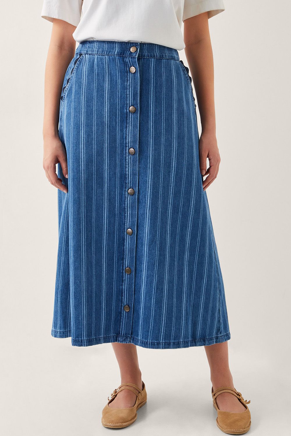 Ottilie Stripe Denim Midi Skirt Blue