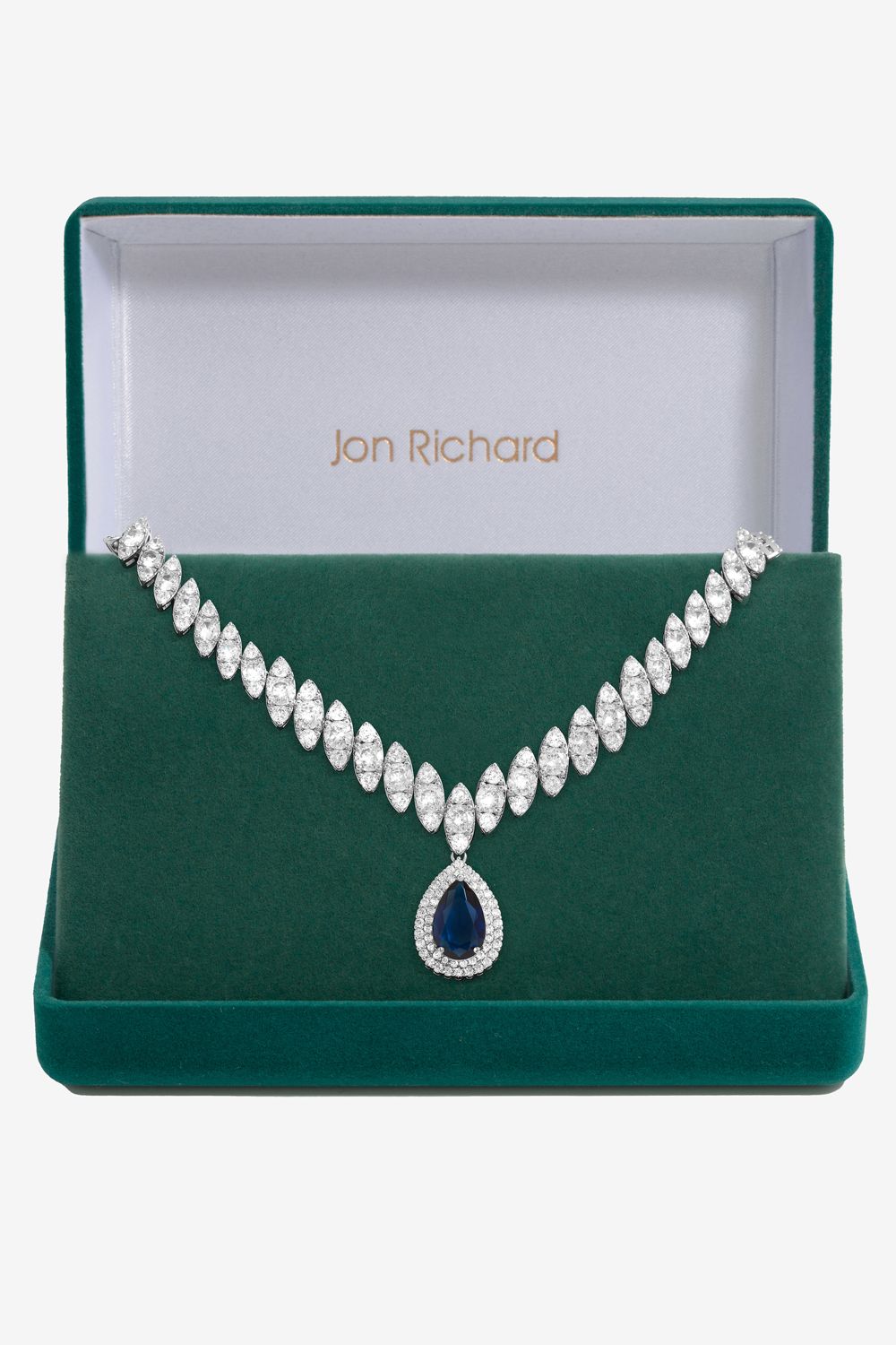 Gift Packaged Rhodium Plate And Blue Cubic Zirconia Statement Necklace