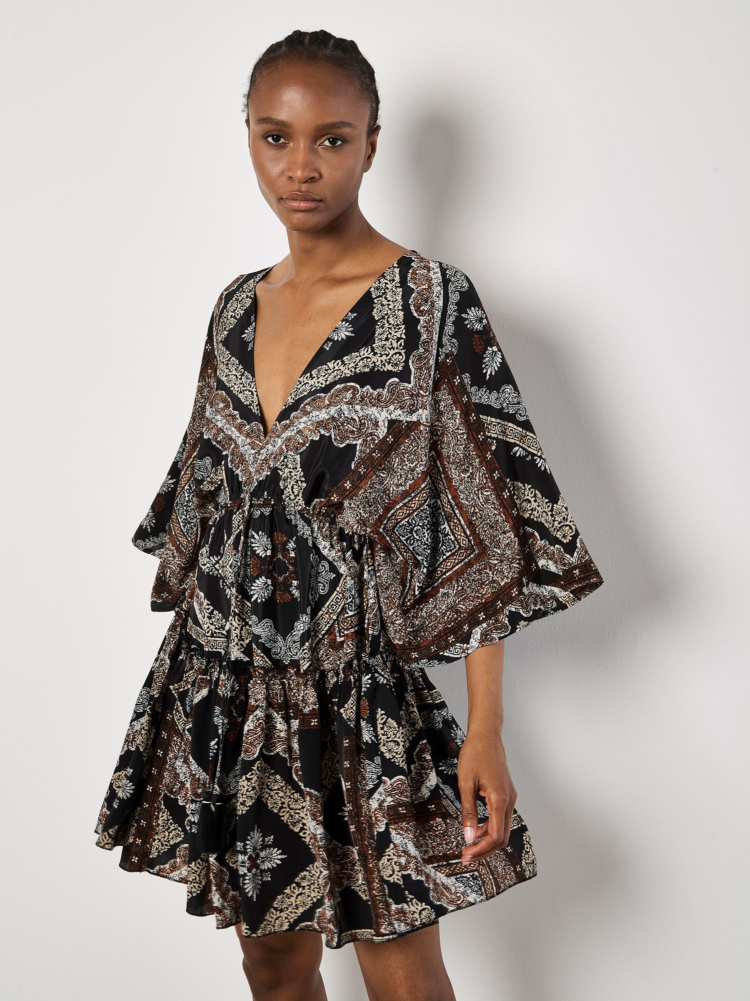 Satin Scarf Print Kaftan Mini Dress
