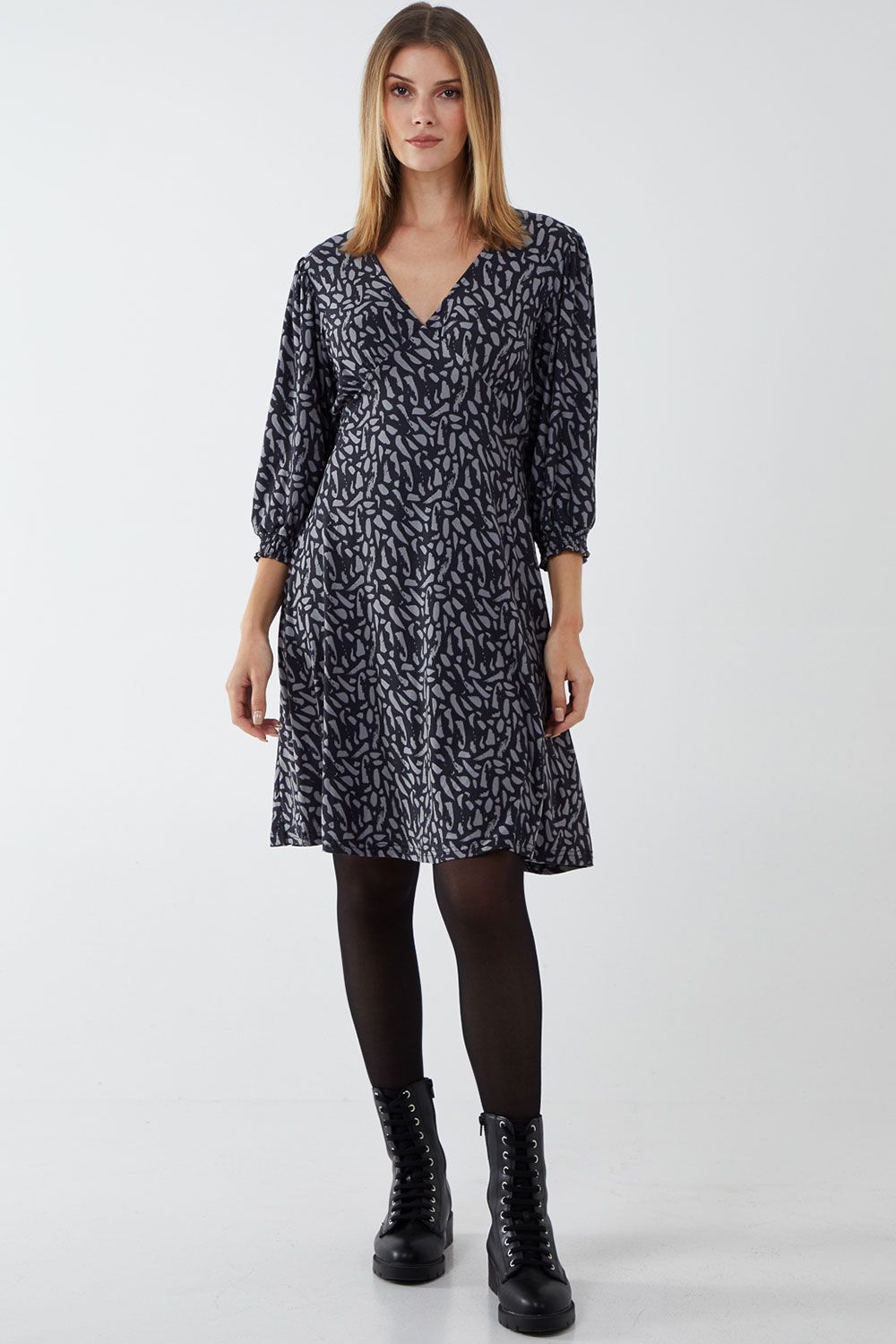 3/4 Sleeved Shirring Cuff Tea Dress