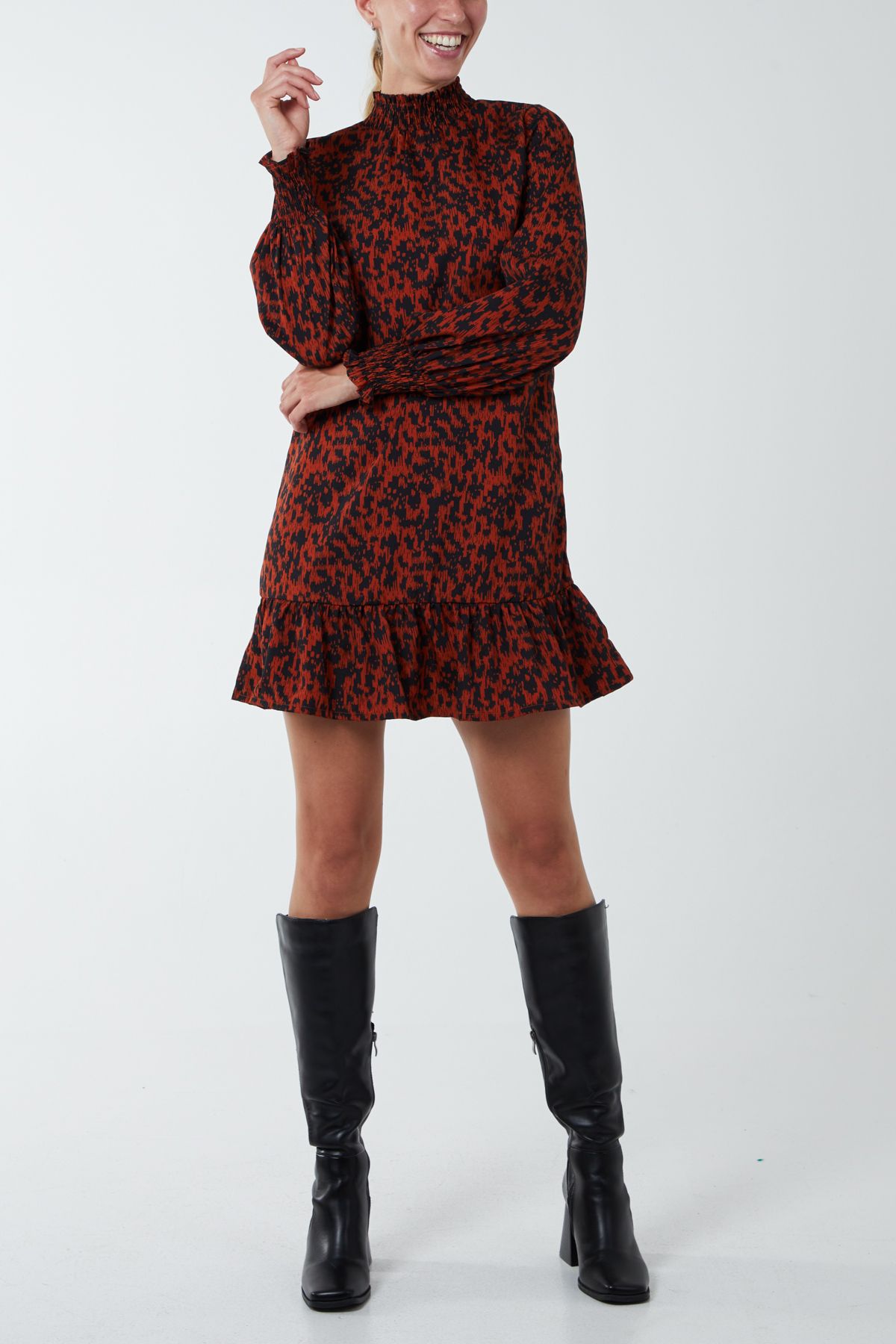 Abstract Print High Neck Mini Smock Dress