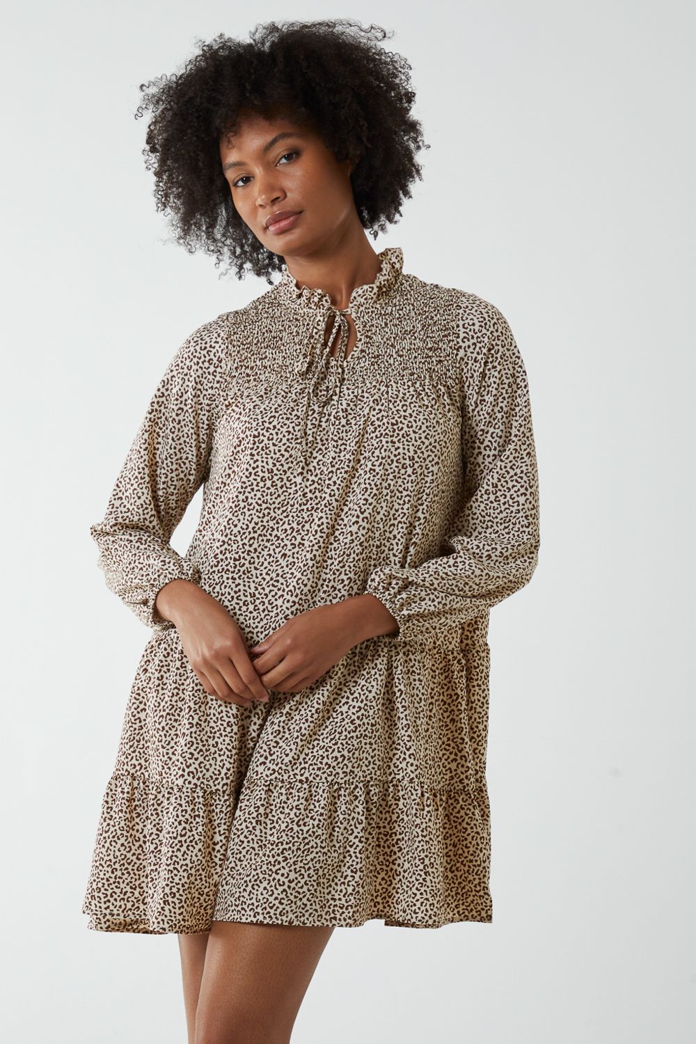 Shirred Cheetah Smock Dress