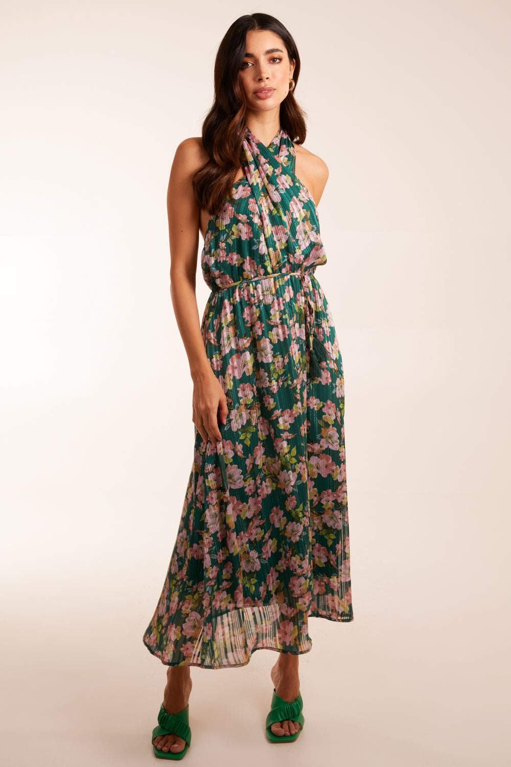 Wrap Halter Neck Pleated Midi Dress