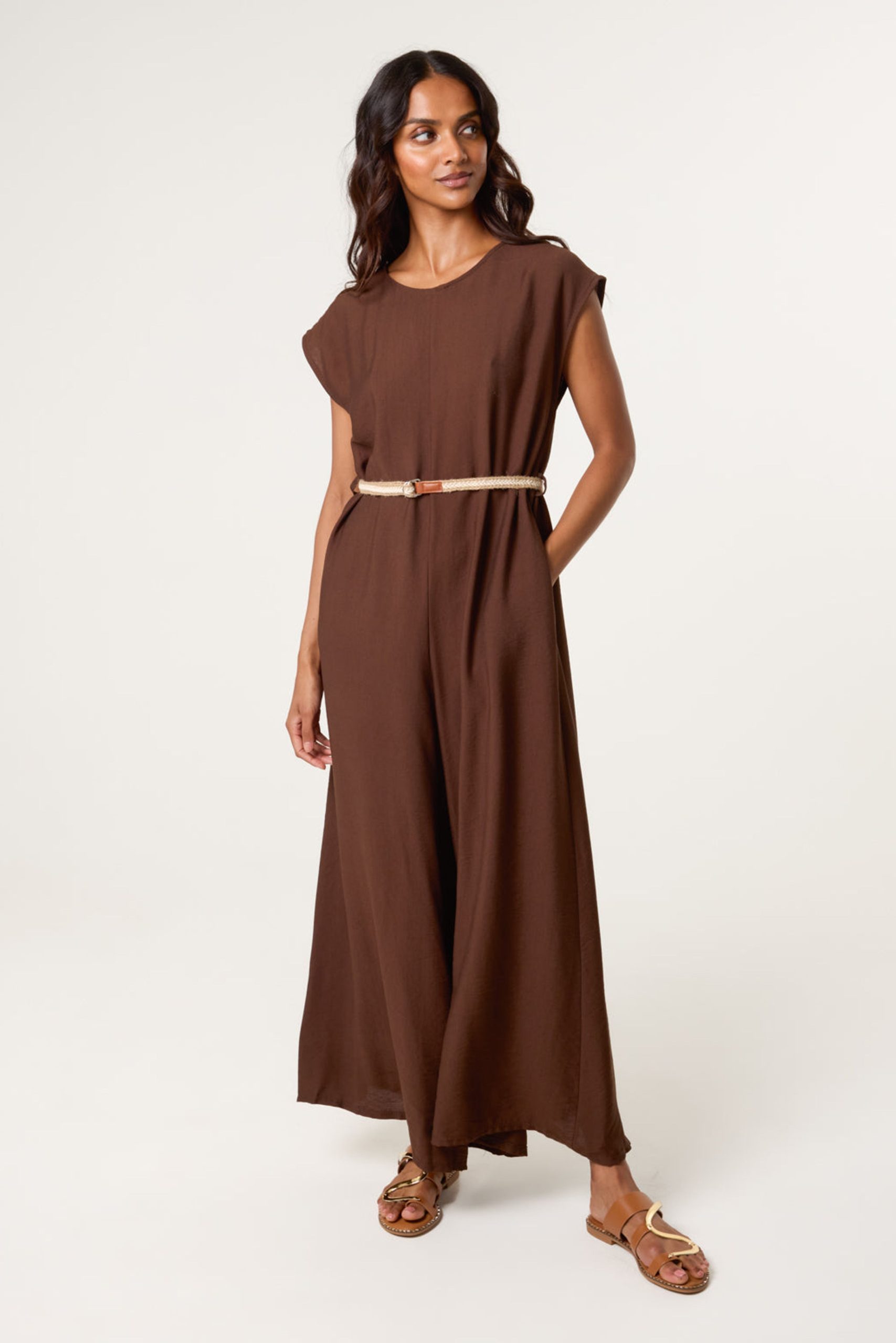 Brown Plain Belted Jumpsuit