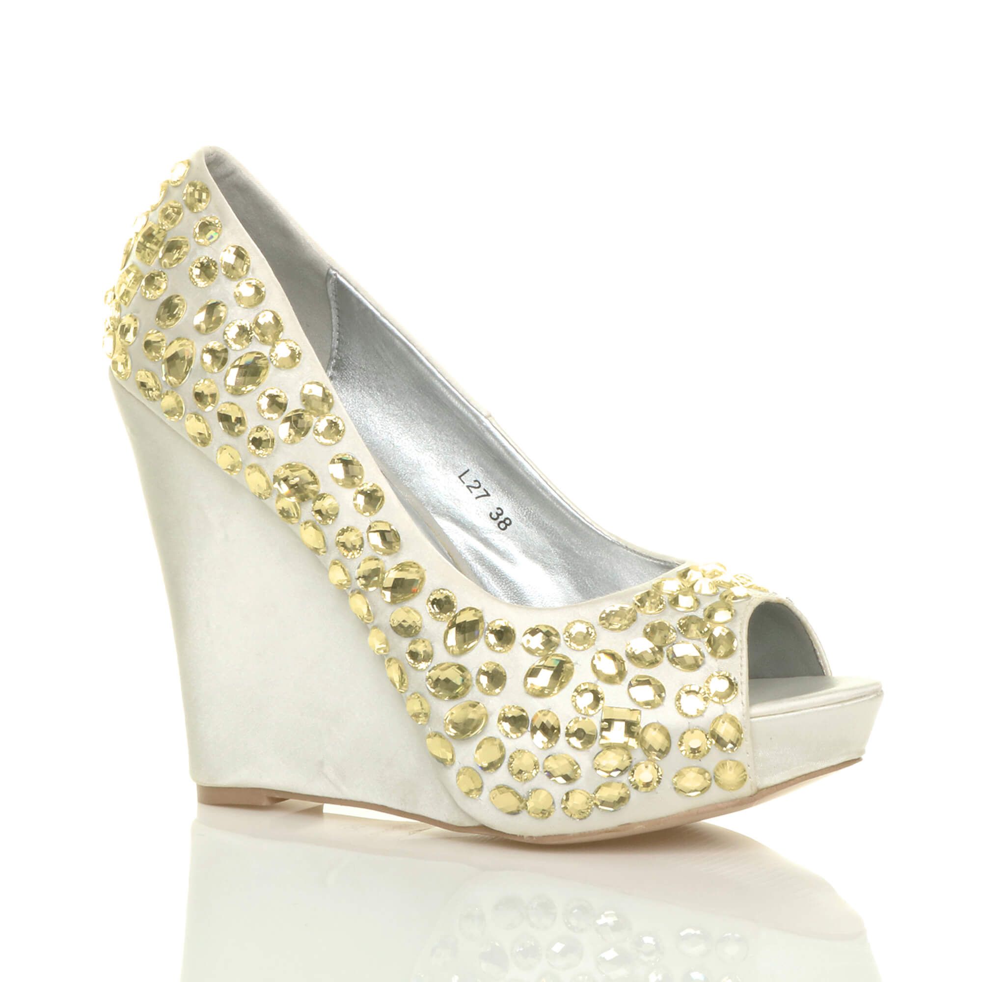 High Heel Embellished Gem Peep Toe Wedges