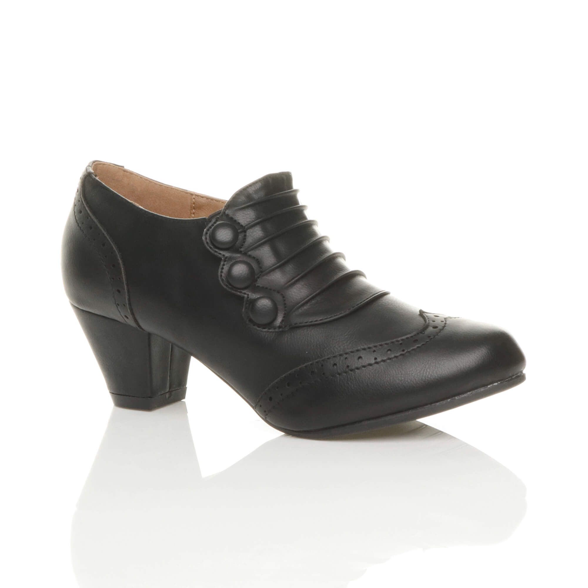 Mid Cuban Heel Brogue Button Faux Leather Ankle Boots