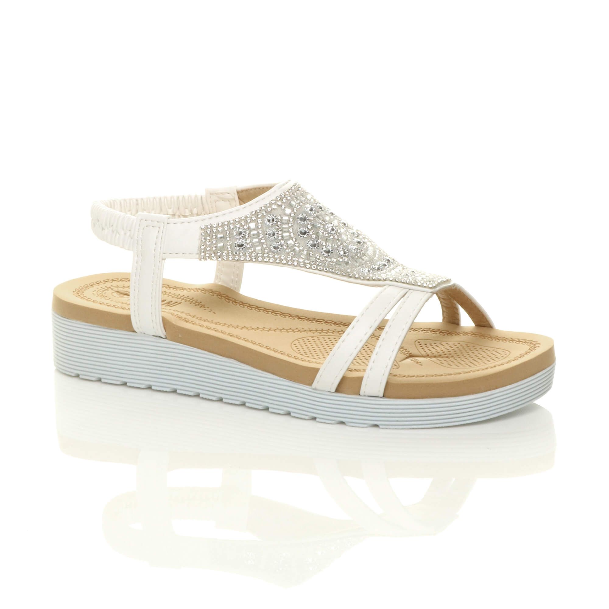 Low Wedge Heel Diamante T-Bar Slingback Sandals Flatforms