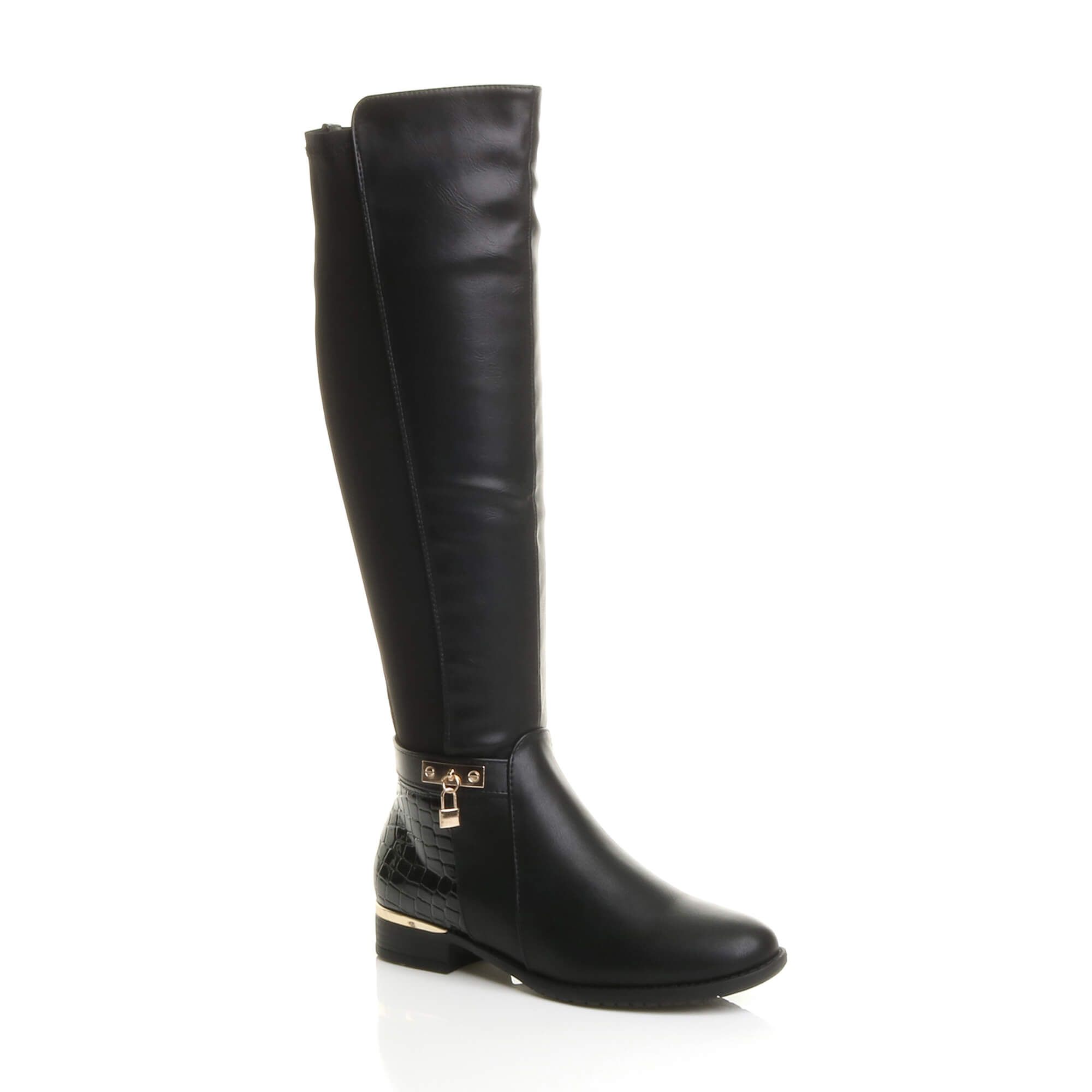 Low Block Heel Elastic Fitted Riding Faux Leather Knee High Boots