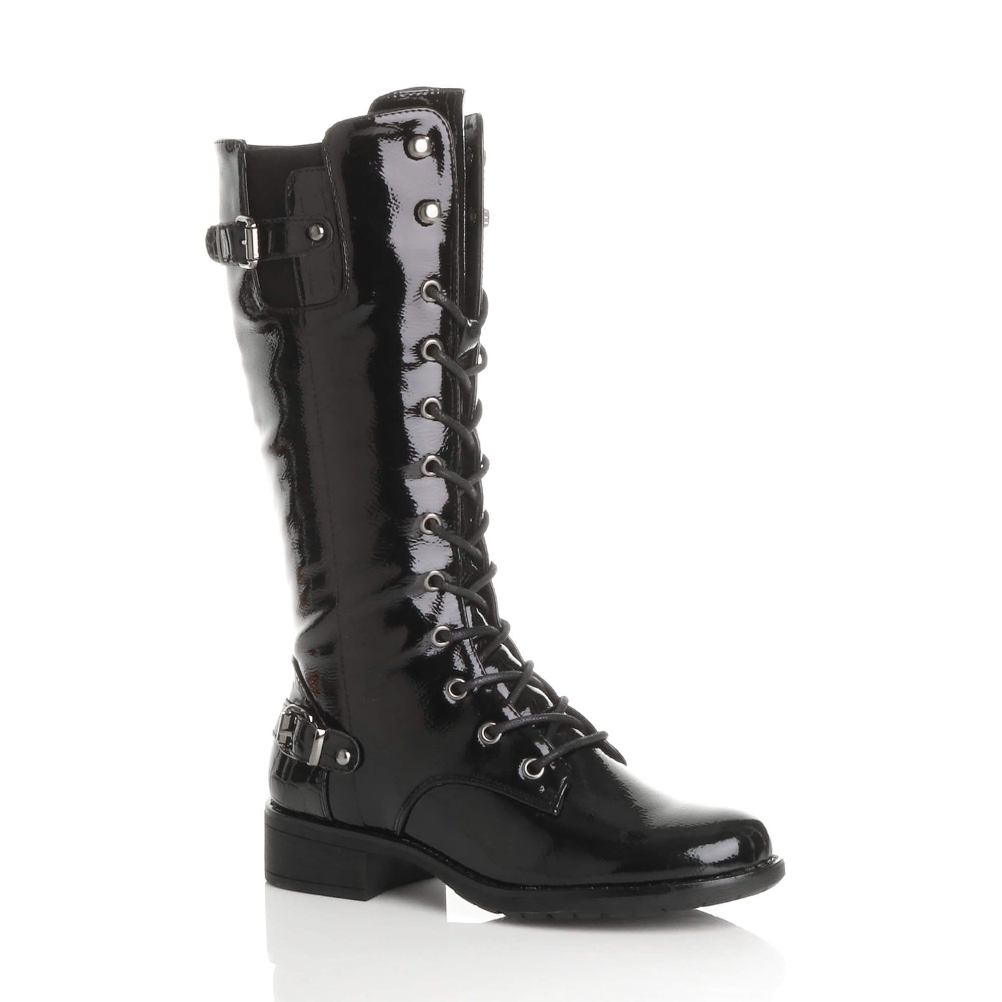 Low Heel Lace Up Calf Military Patent Biker Boots