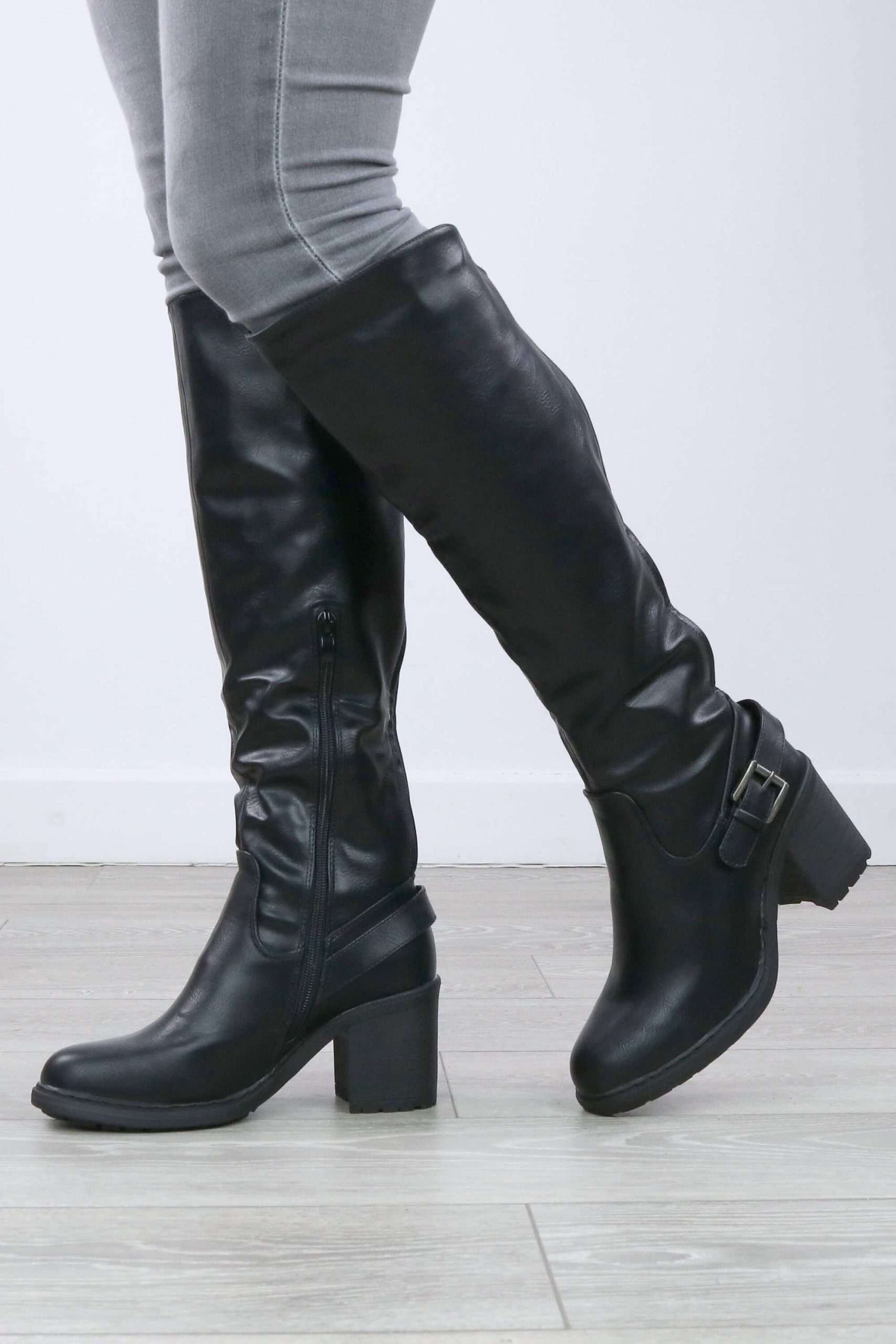 High Block Heel Stretch Calf Biker Knee High Boots