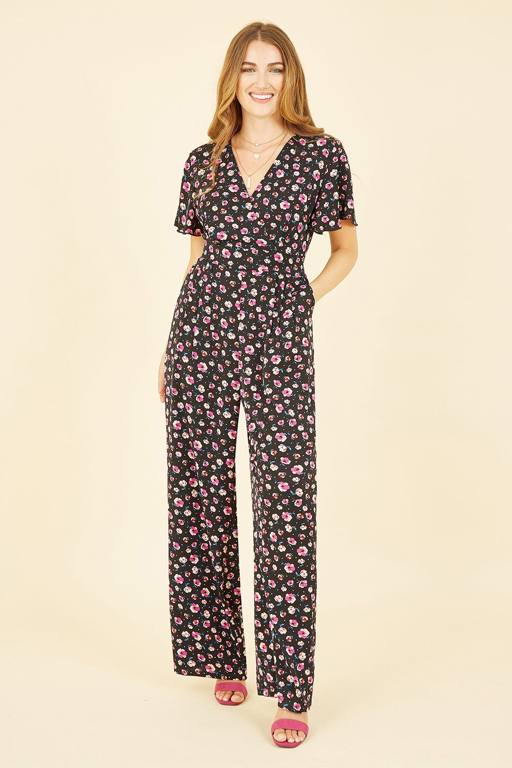 Black Floral Angel Sleeve Jumpsuit