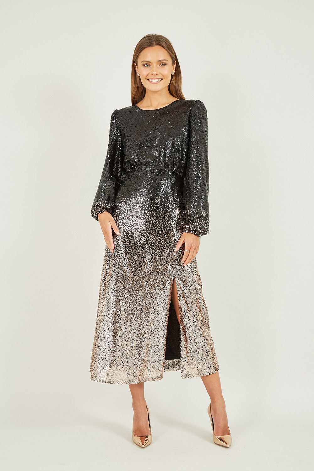 Black And Gold Sequin Ombre Long Sleeve Midi Dress