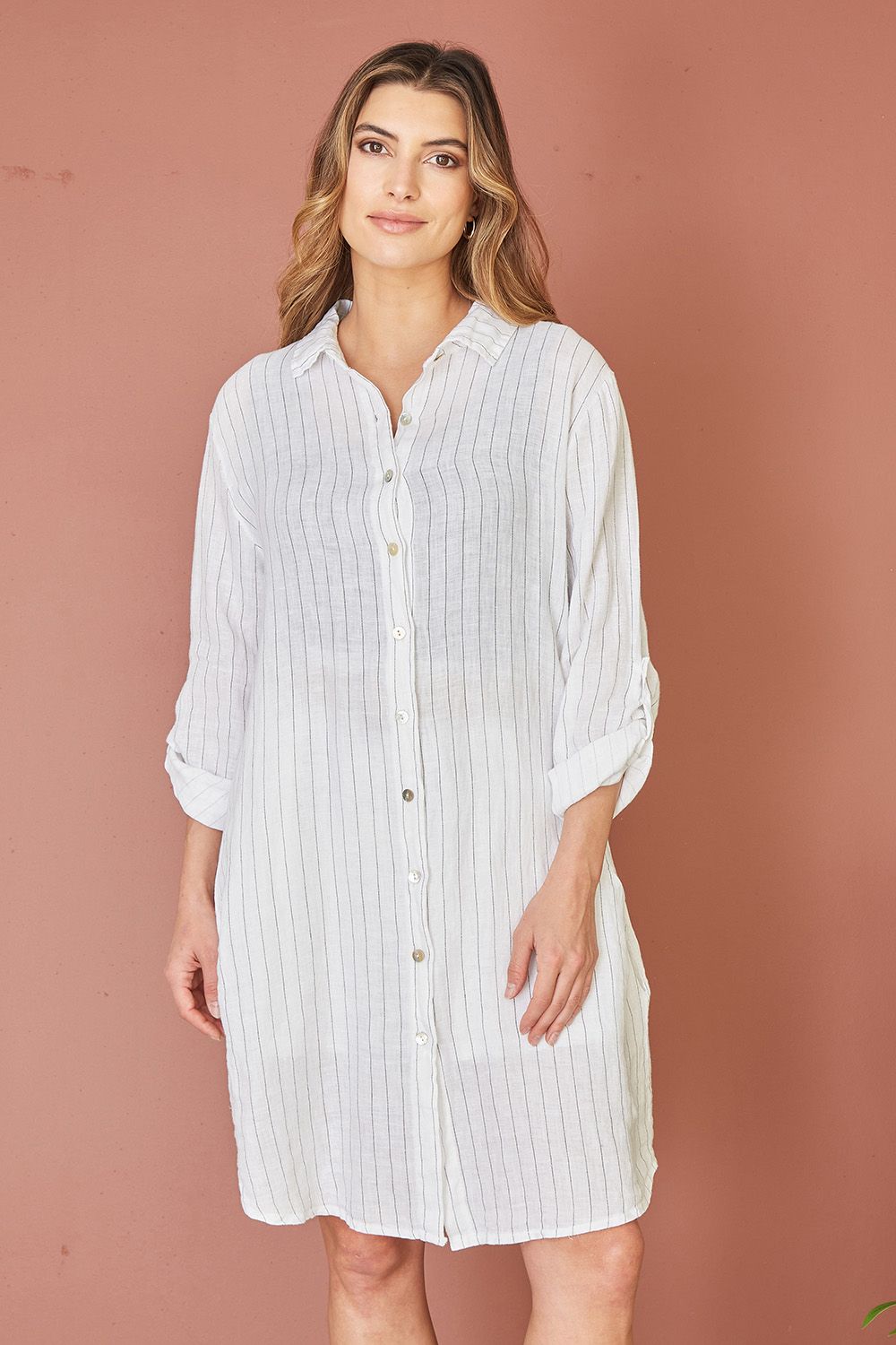 White Stripe Linen Relaxed Fit Longline Shirt