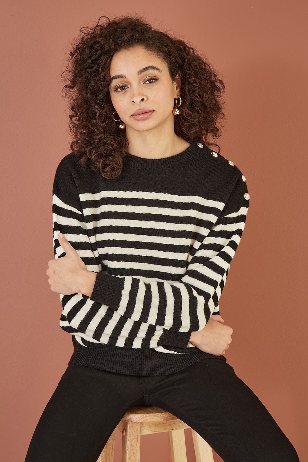 Black Stripe Knitted Relaxed Jumper With Button Details