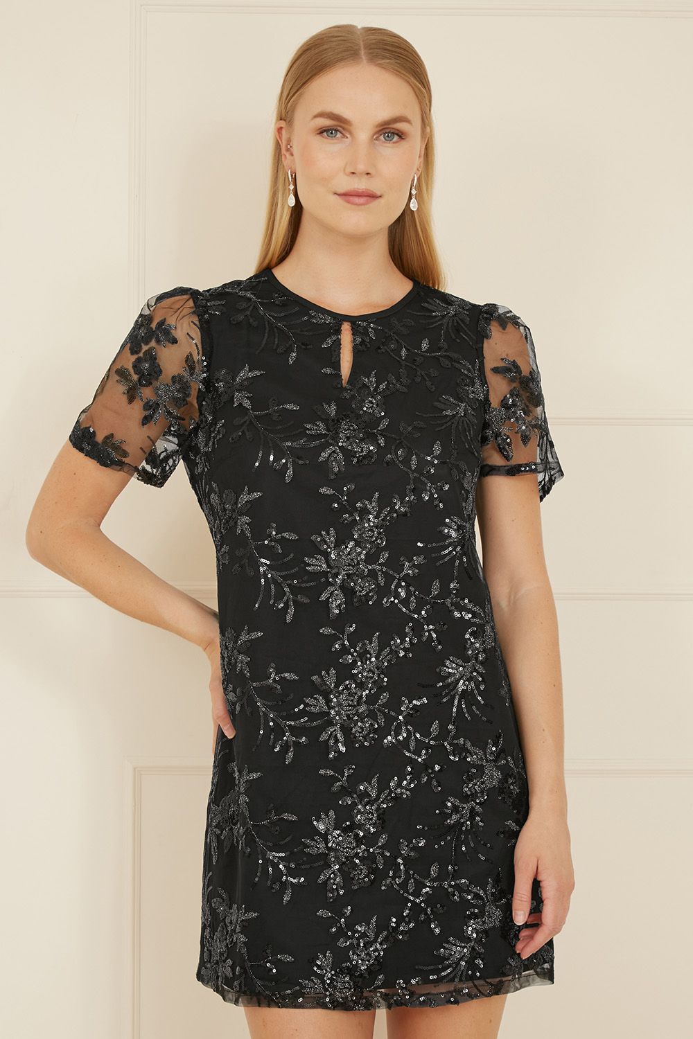 Black Sequin Embroidered Tunic Dress