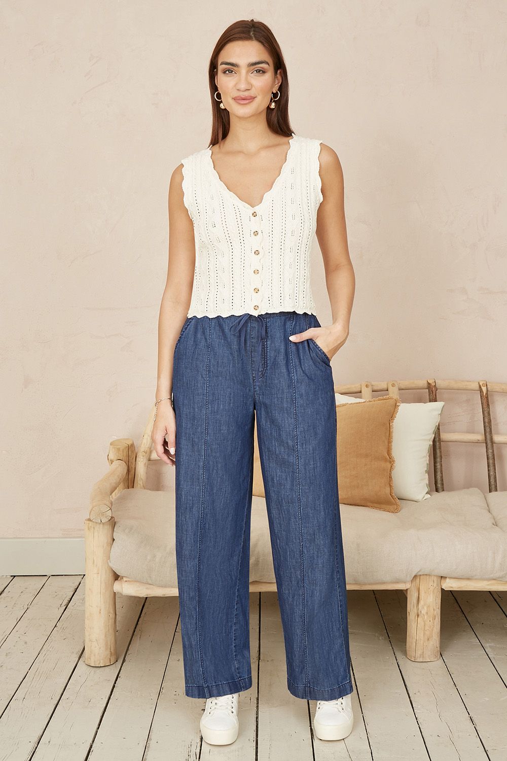 Blue Chambray Relaxed Fit Wide Leg Trousers