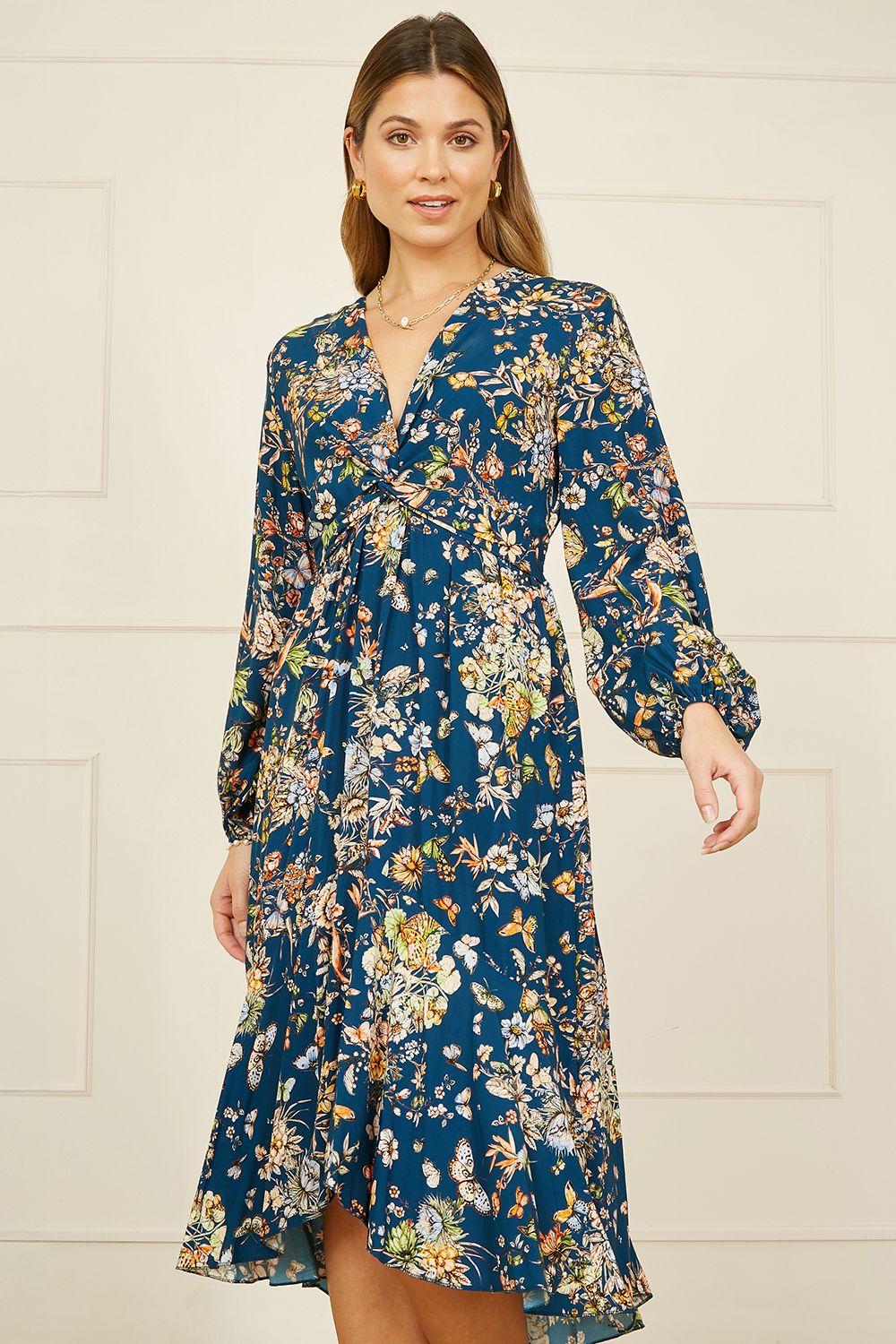 Yumi Blue Butterly Floral Tie Knot Front Long Sleeve Midi Dress