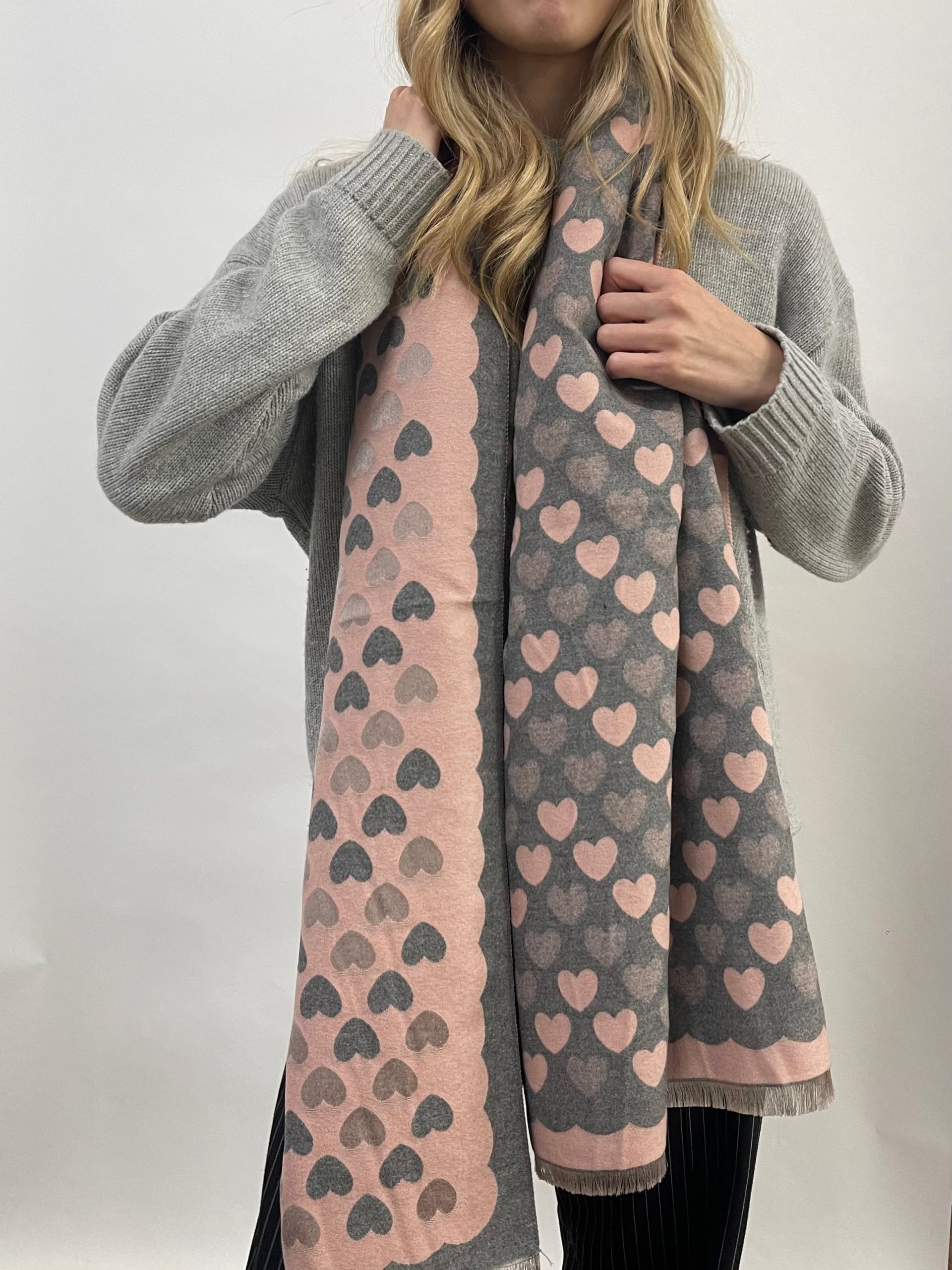Soft Heart Printed Scarf in Pink & Grey