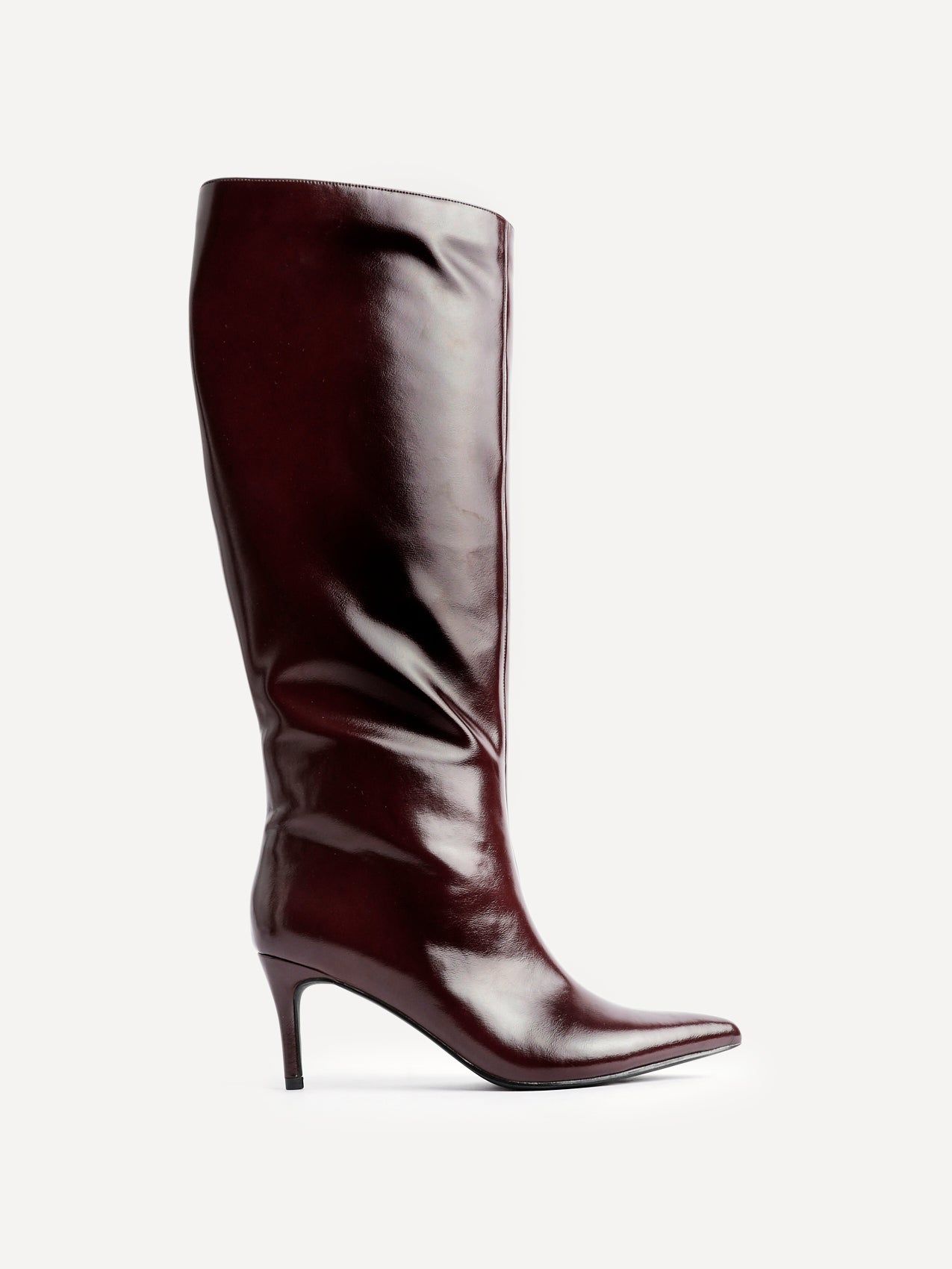 Onyx Burgundy High Shine Pointed Toe High Leg Heeled Boots