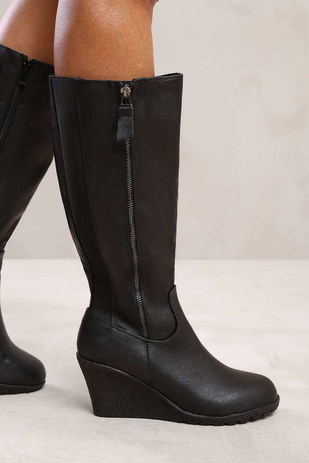 'Effie' Wedge Heel Mid Calf High Boots With Side Zip