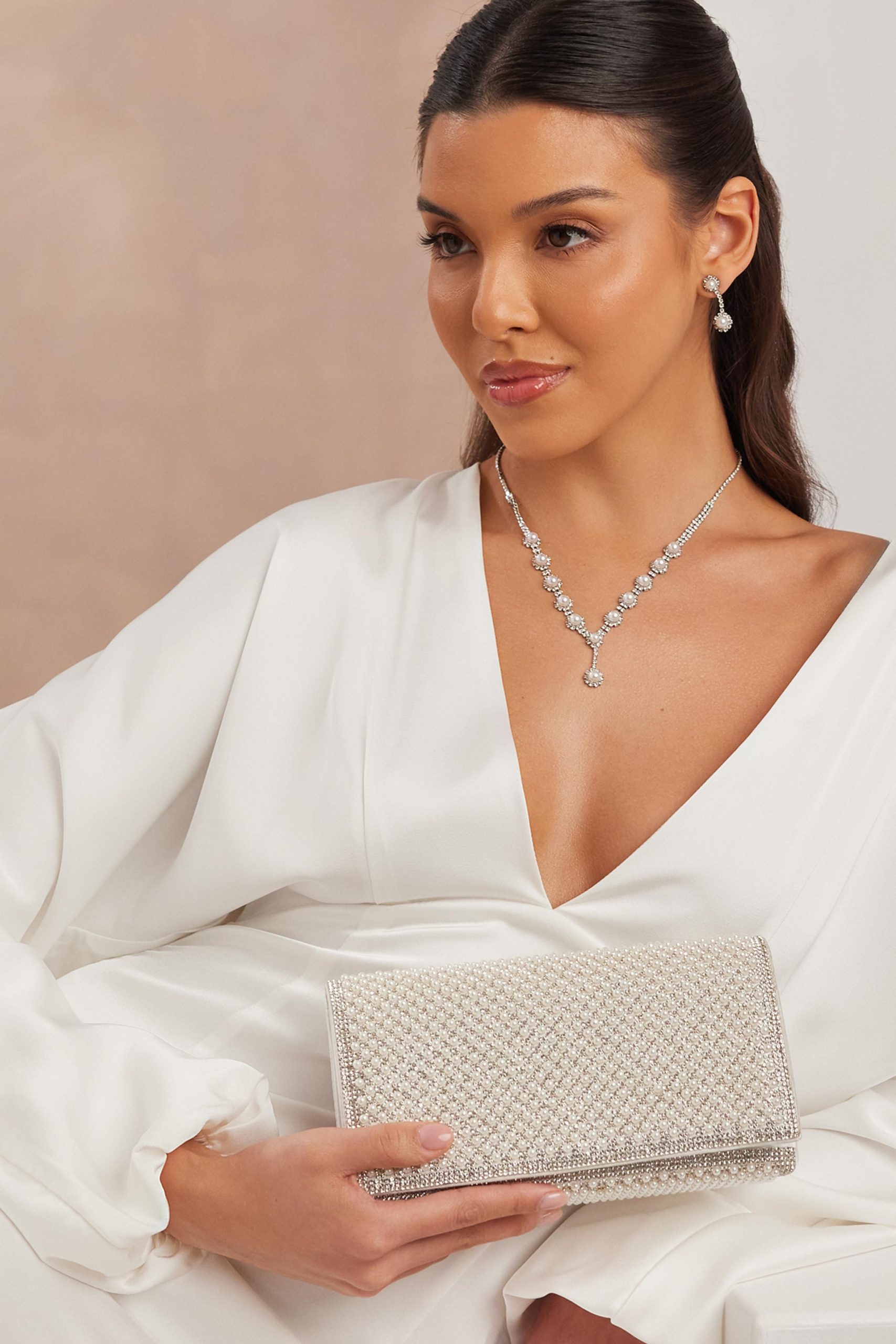 White Pearl Embellished Clutch Bag